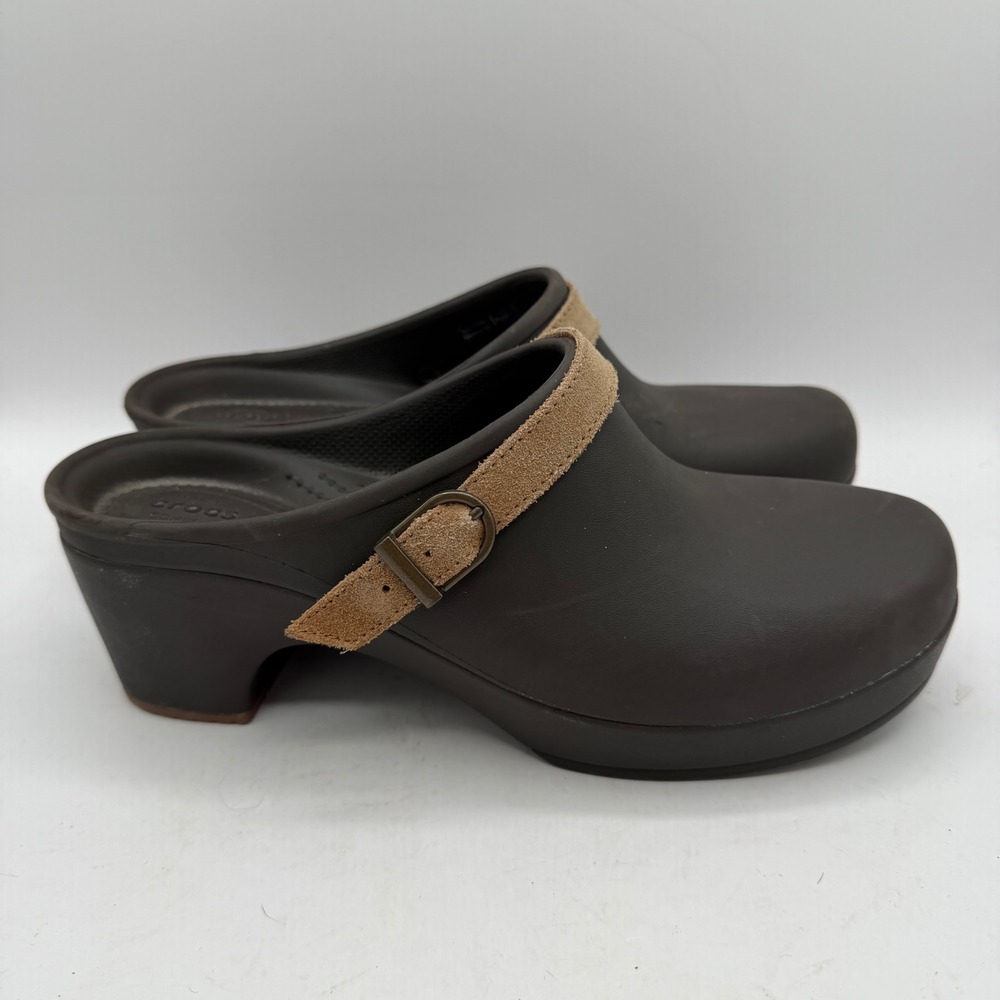 Crocs Sarah clogs Women 9 Leigh II Espresso Brown Suede Strap Block Heel EUC